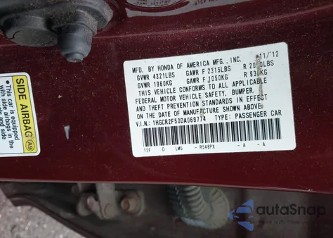 2013 Honda Accord Sport z USA, uszkodzony, nr VIN 1HGCR2F50DA069774